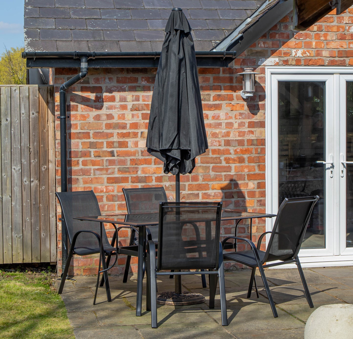 Outdoor 4 Person Rectangular Glass Top Garden Dining Table Chairs With Black Parasol and Base Set