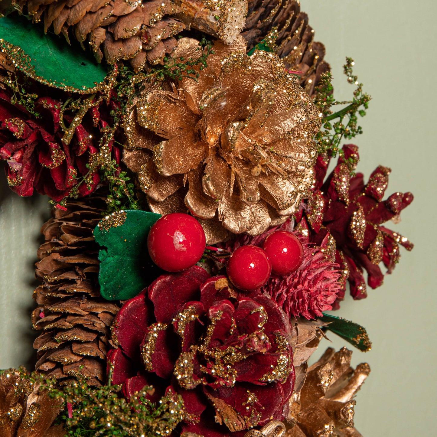 30cm Red Hanging Christmas Wreath with Red Berries and Pinecones 