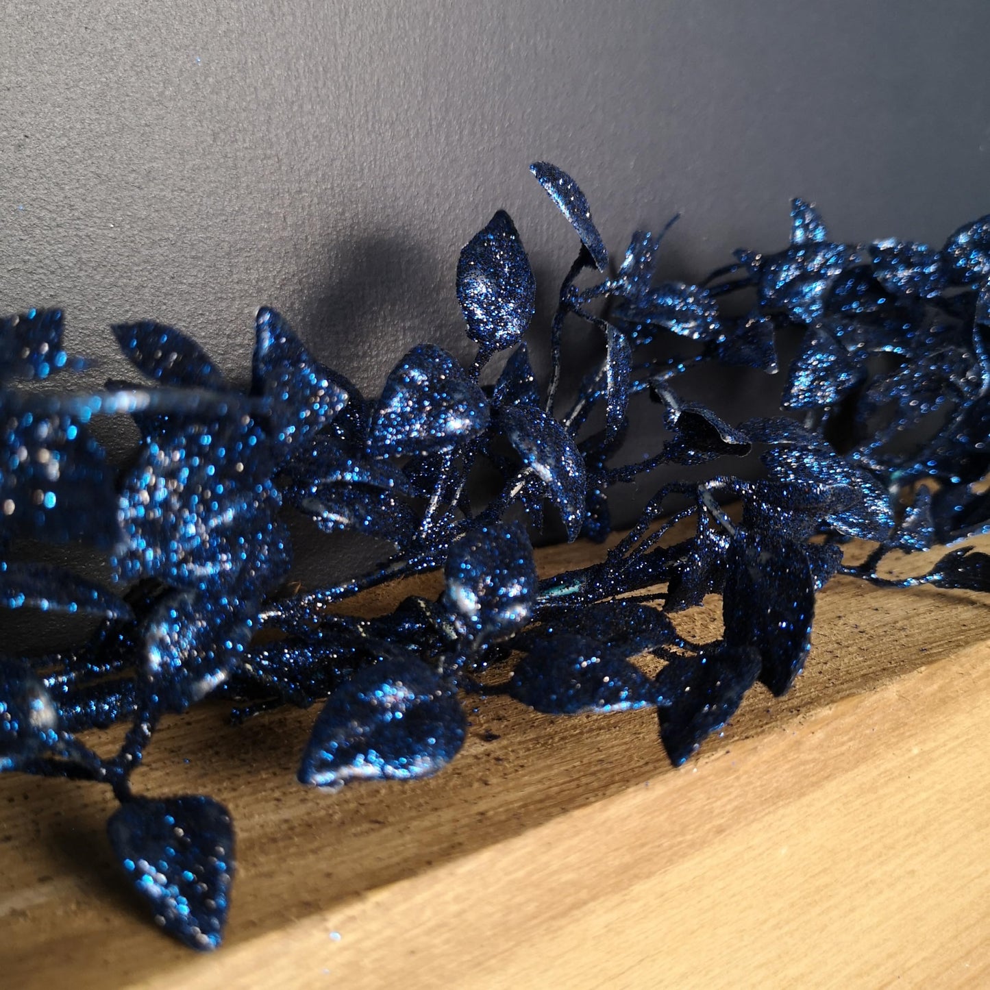 1.5m Midnight Blue Glitter Leaf Christmas Garland Decoration with Hanging Loop 
