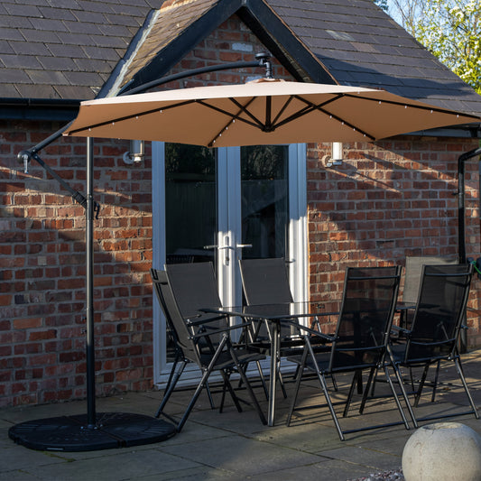 Outdoor 6 Person Rectangular Glass Top Garden Dining Table Chairs With Beige Banana Lit Parasol and Base Set