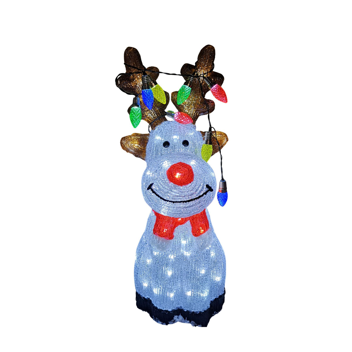 50cm Outdoor Acrylic Sitting Ice White Christmas Reindeer with Multi Coloured LED Lights on Antlers