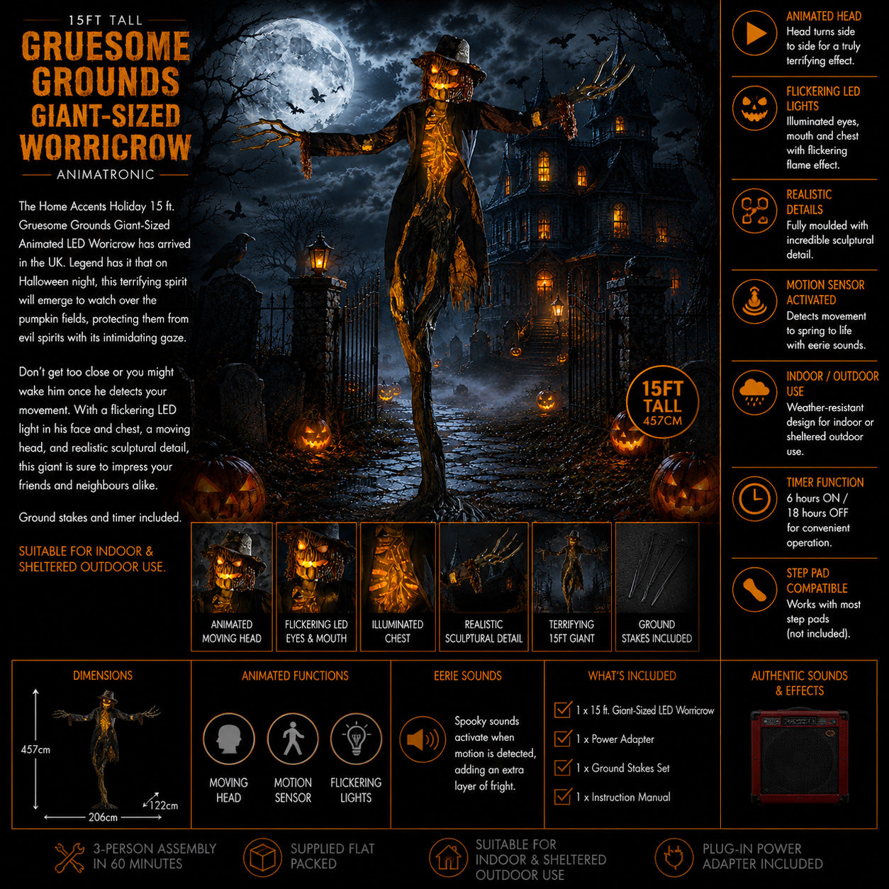 Home Accents 15ft Giant Sized Animated LED Worricrow Scarecrow Halloween Decoration