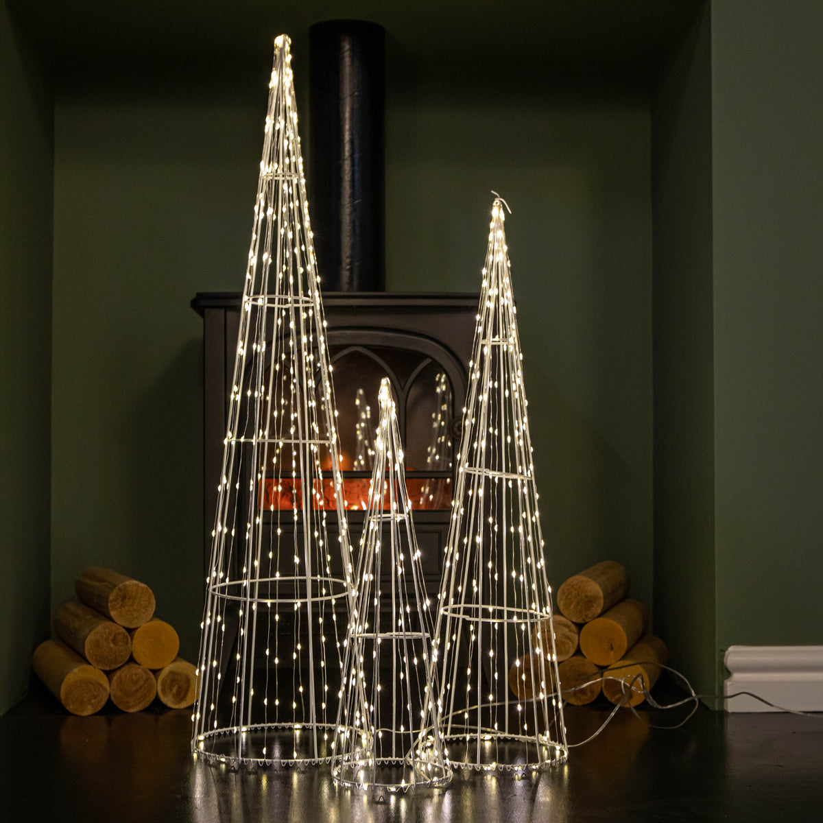 Set of 3 Light up White Metal Dewdrop Christmas Cone Trees with Warm White LEDs