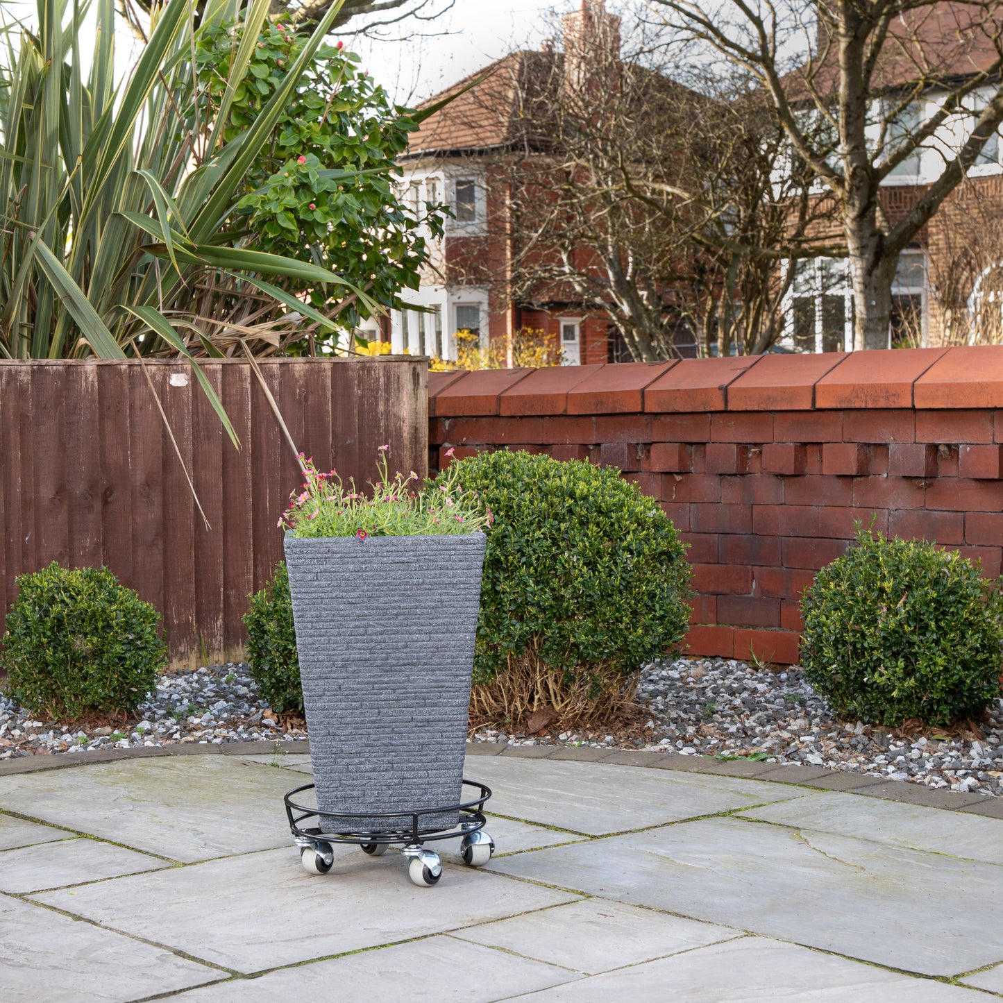 32cm Black Metal Garden Flower Plant Pot Trolley on Castor Wheels