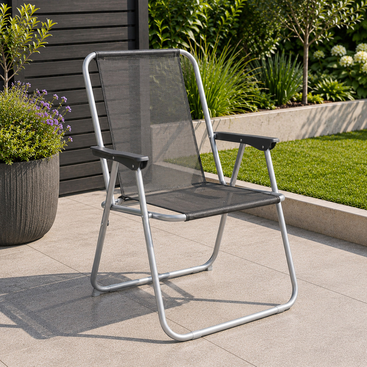 1 x Foldable Garden Chair Fixed position garden chair with grey frame and black fabric