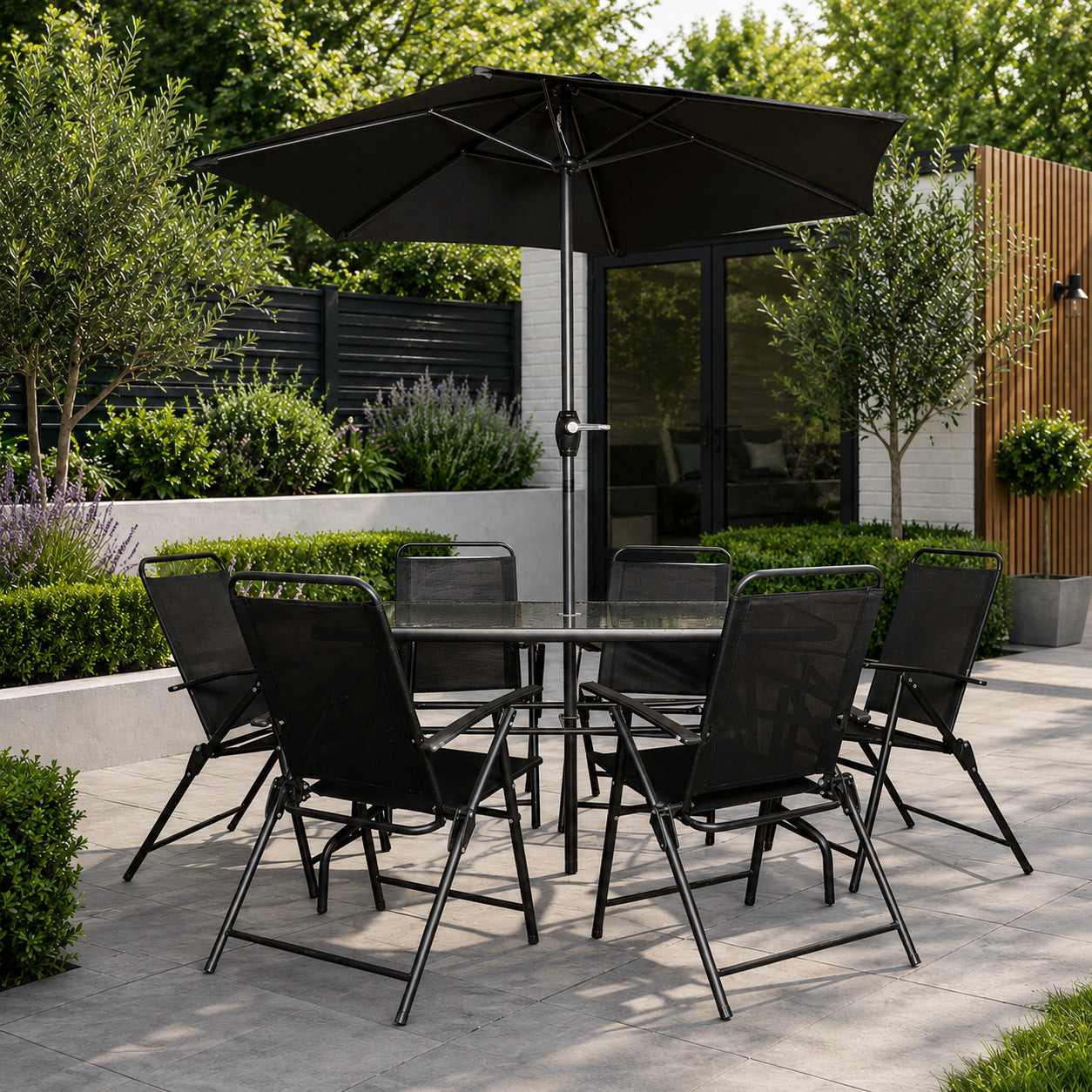 Samuel Alexander Outdoor 6 Seater Glass Top Table and Chairs Patio Set with Parasol in Black