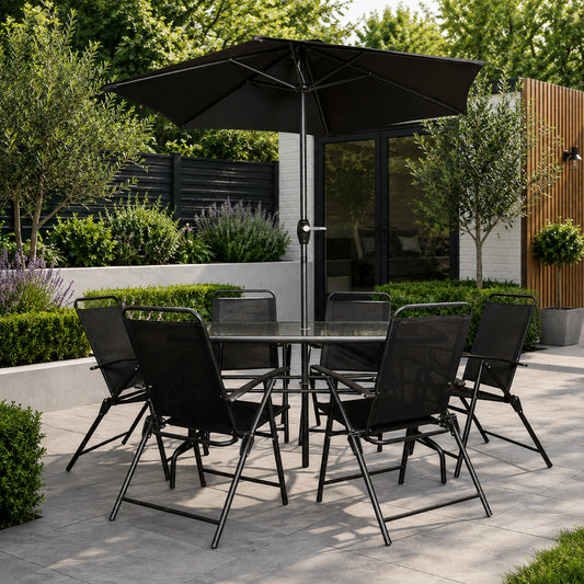 Samuel Alexander Outdoor 6 Seater Glass Top Table and Chairs Patio Set with Parasol in Black
