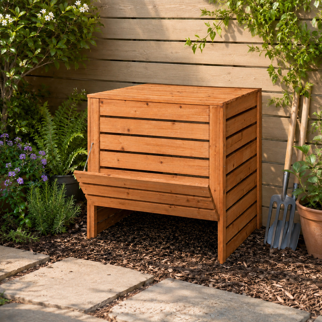 74 x 71cm Large Wooden Garden Waste Compost Bin with Removable Lid & Bottom Door