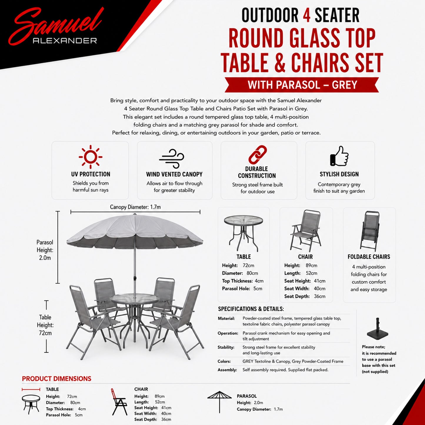 Samuel Alexander Outdoor 4 Seater Round Glass Top Table and Chairs Patio Set with Parasol in Grey