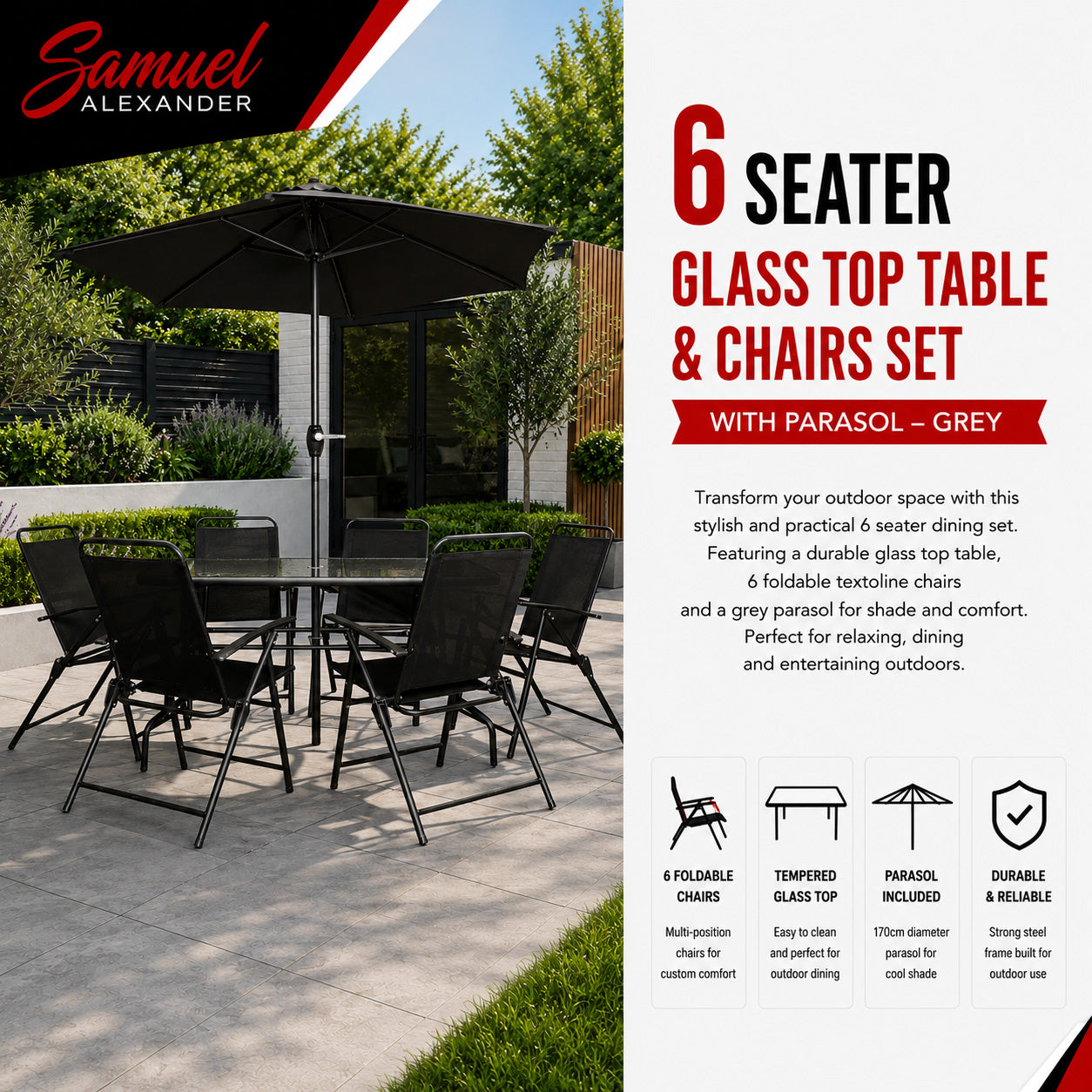 Samuel Alexander Outdoor 6 Seater Glass Top Table and Chairs Patio Set with Parasol in Black