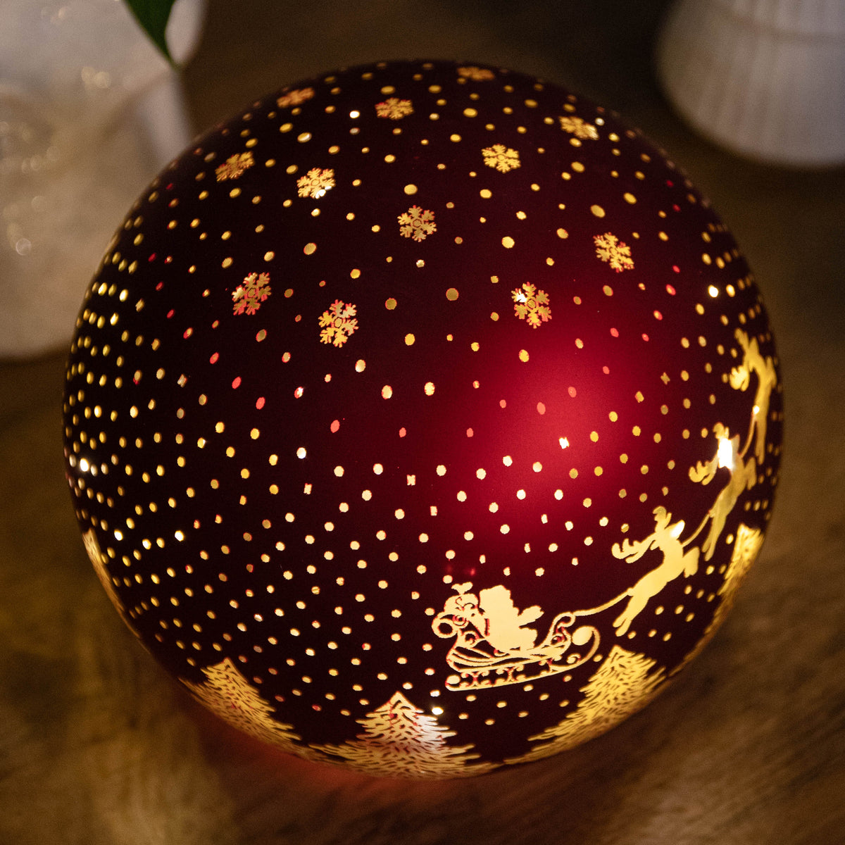 15cm Battery Operated Light up Santa Glass Ball in Red with Warm White LEDs
