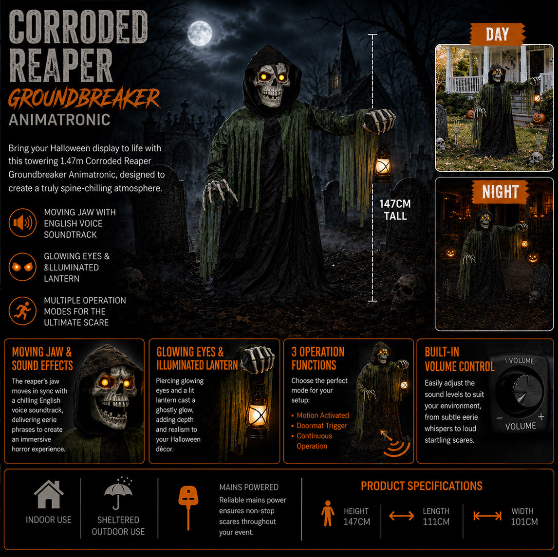 1.47m Tall Light up Corroded Rise Up Reaper Skeleton Halloween Animatronic Decoration