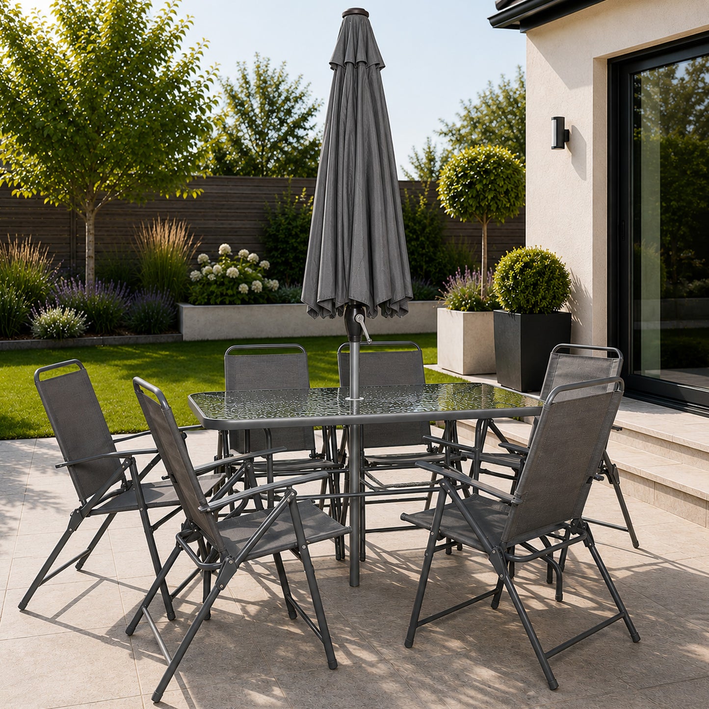 Samuel Alexander Outdoor 6 Seater Glass Top Table and Chairs Patio Set with Parasol in Grey