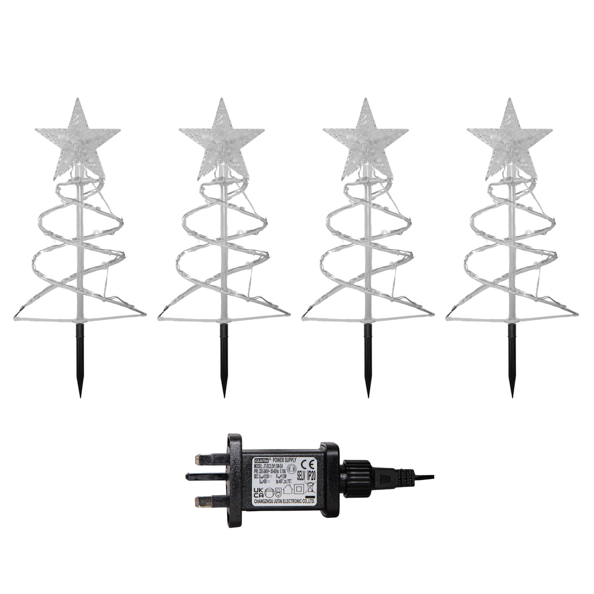 45cm Set of 4 Light up White Spiral Christmas Tree Garden Path Lights with 100 Warm White LEDs