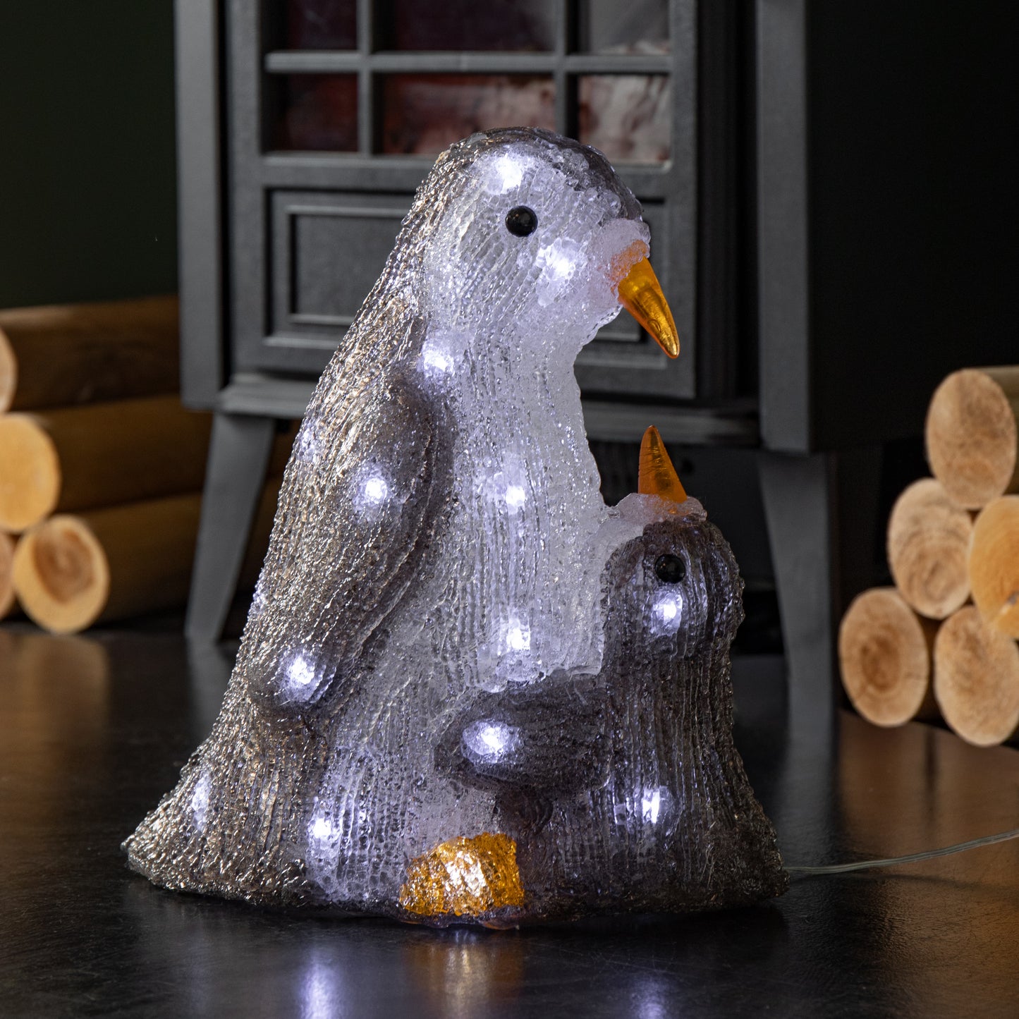 28cm Light up Acrylic Mother and Chick Penguin Christmas Decoration with 30 White LEDs