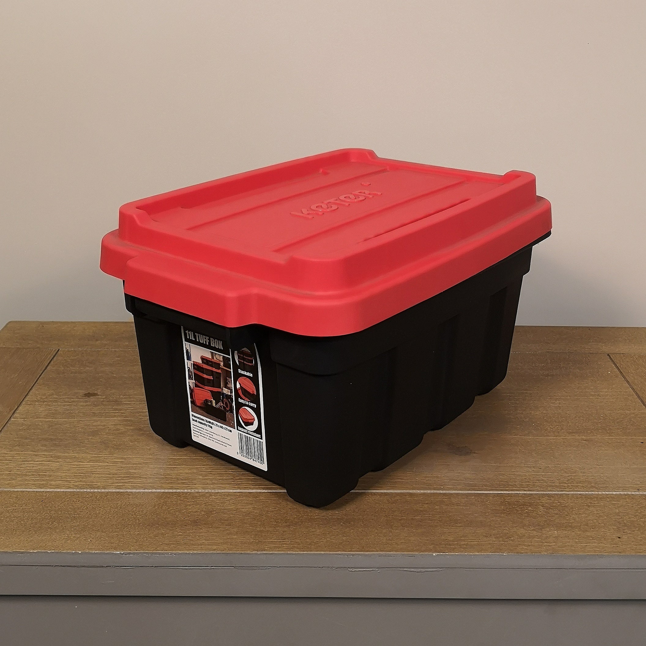 11L Black and Red Small Tuff Stackable Storage Box with Lid and Carry Handles