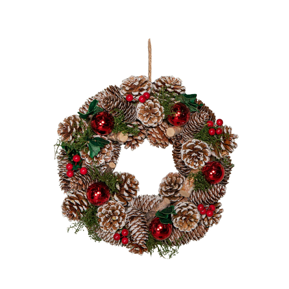 30cm Hanging Christmas YuleFest Wreath with Red Baubles & Snow Tipped Pine Cones