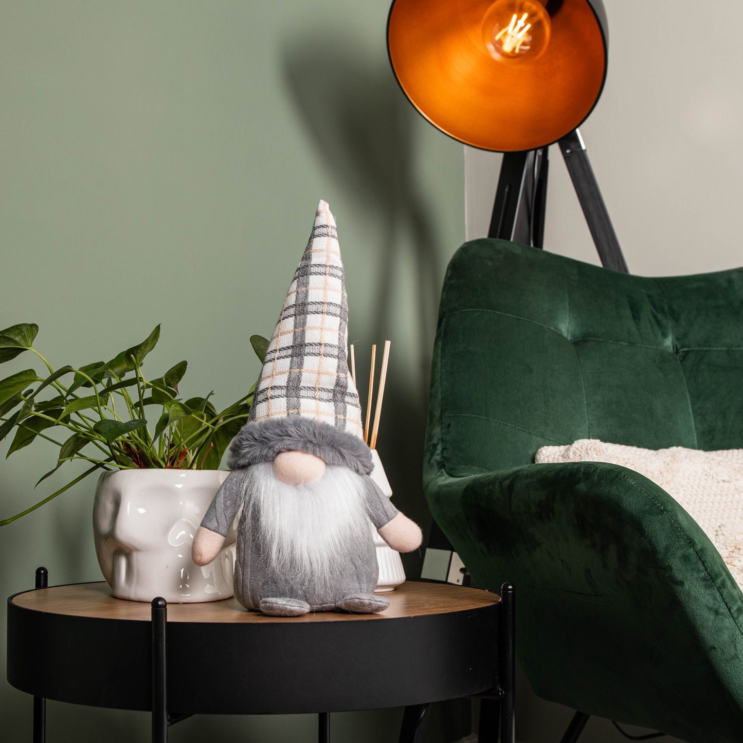 35cm Grey Standing Christmas Gonk Decoration with Tartan Hat