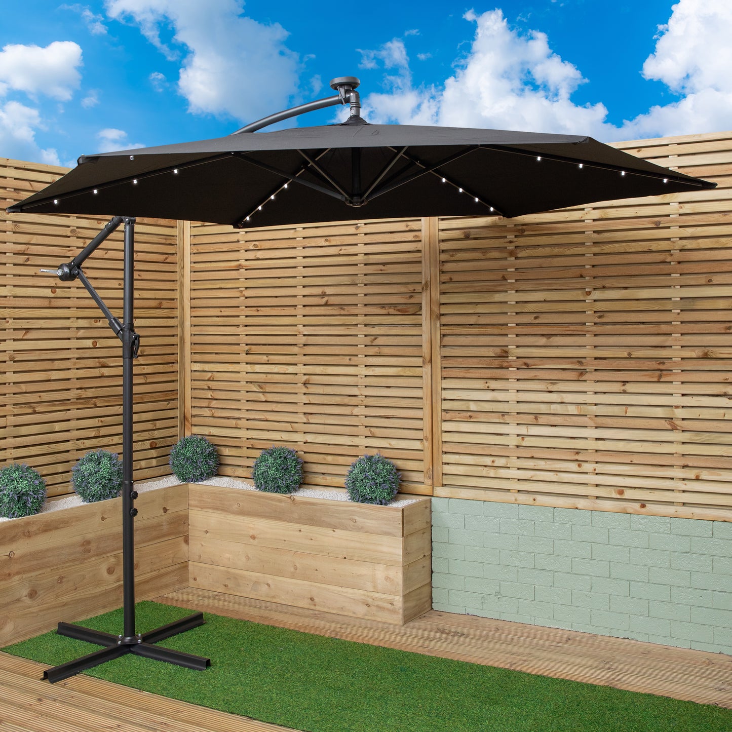 3m Solar Powered Lit Banana Cantilever Garden Parasol with LEDs & Base Weights Included in Black