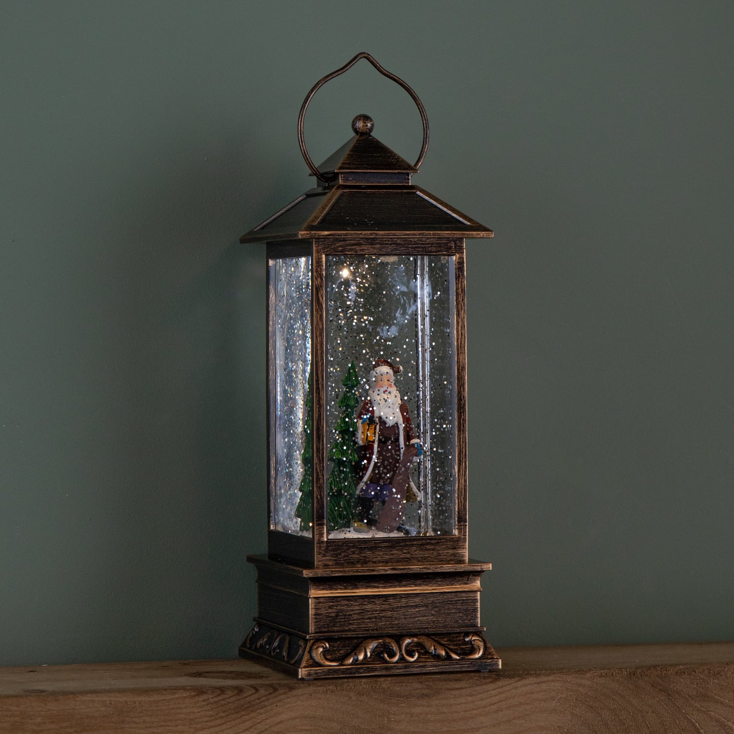 27cm Battery Operated Light up Bronze Christmas Water Spinner with Santa Scene & LEDs