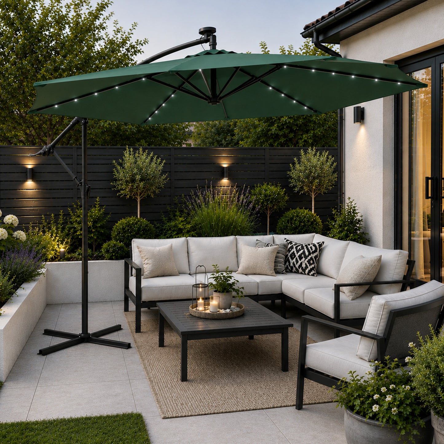 Samuel Alexander 3m Solar Powered Cantilever Lit Banana Garden Parasol with Crank Handle & White LED Lights in Green
