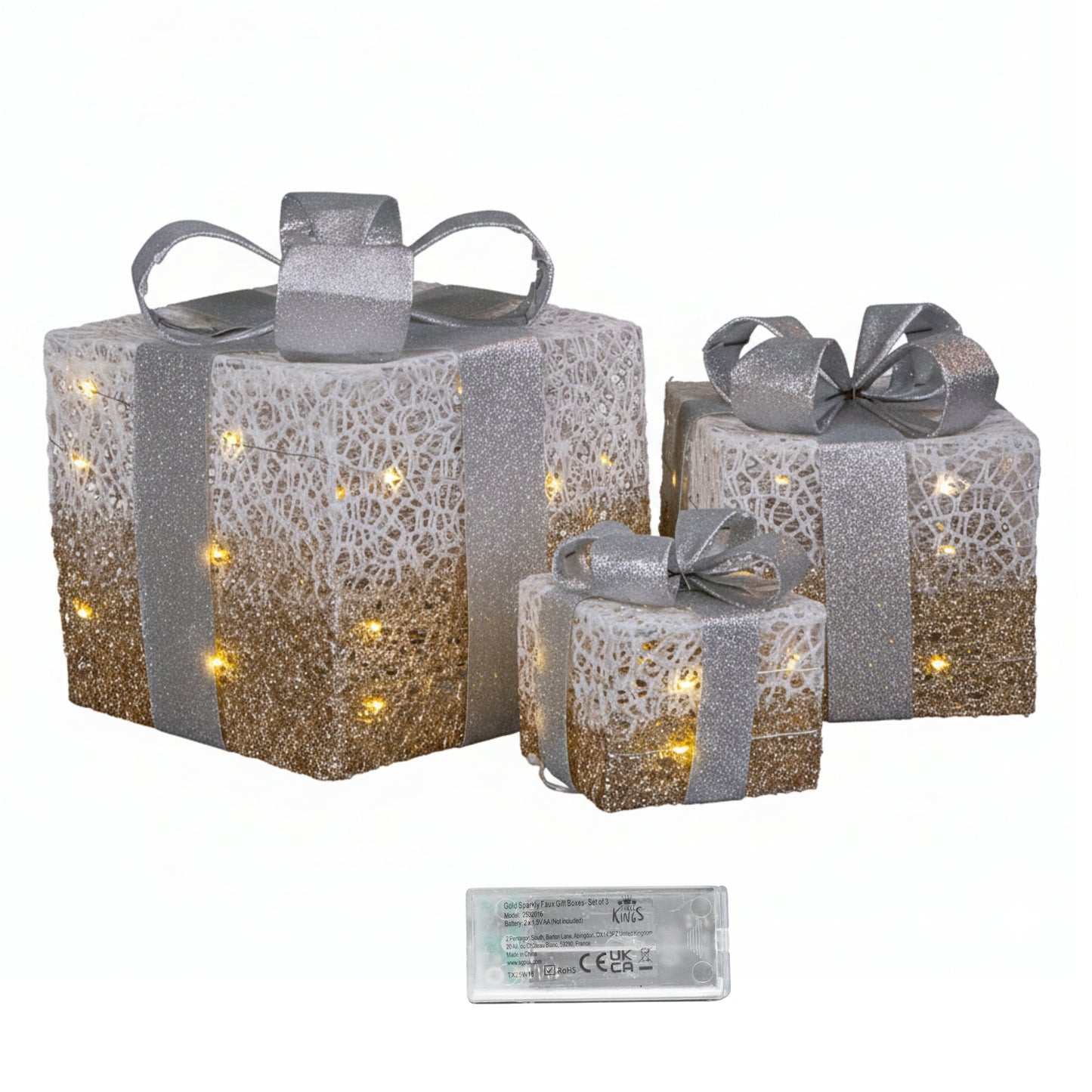 Set of 3 Battery Operated Gold Sparkly Christmas Gift Boxes with LEDs