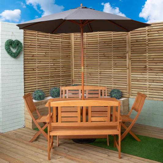Outdoor 6 Person Folding Wooden Garden Dining Table Chairs and 2 Benches Grey Parasol and Base set
