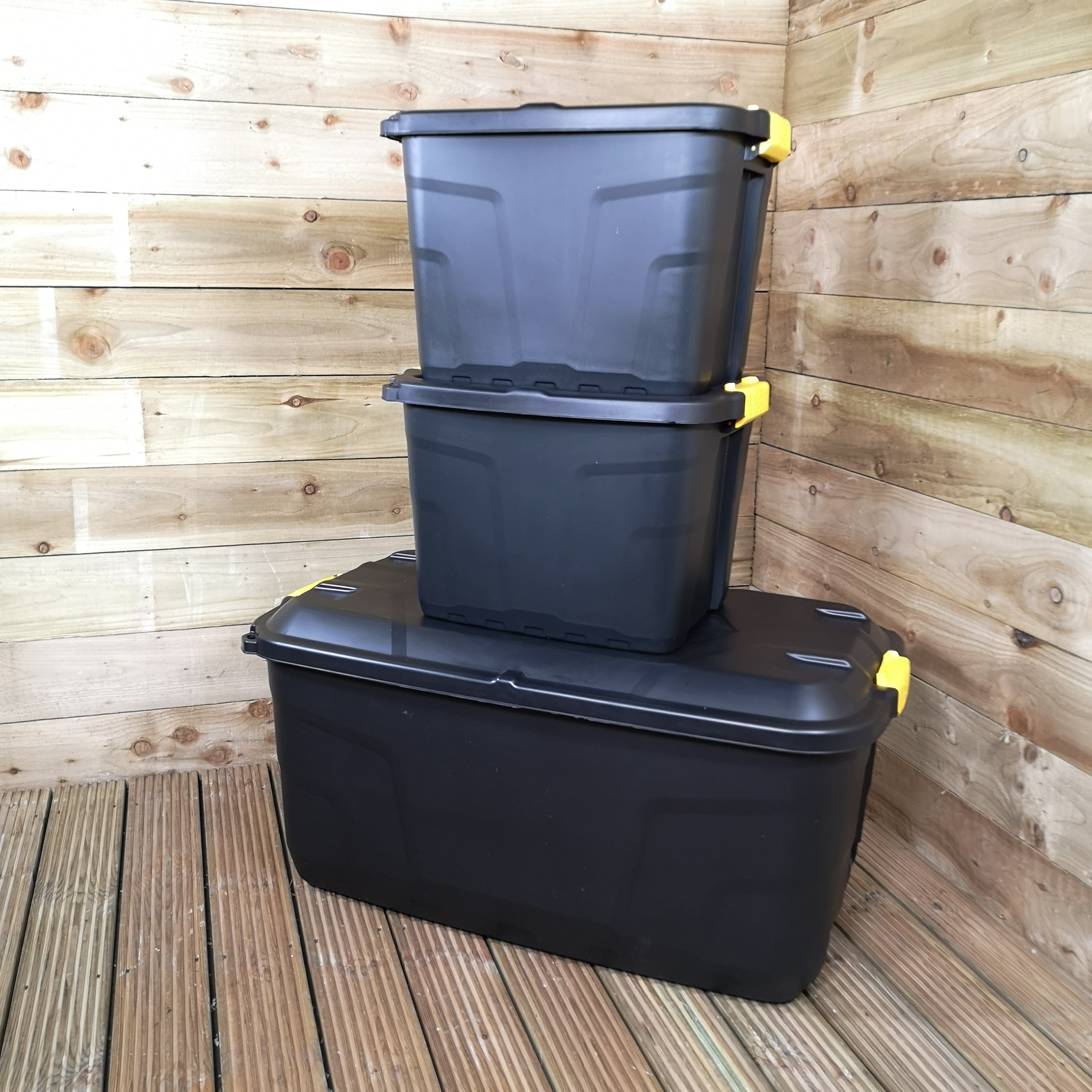 1 x 145L AND 2 x 60L Heavy Duty Trunks 1 on Wheels Sturdy, Lockable, Stackable and Nestable Design Storage Chest with Clips in Black