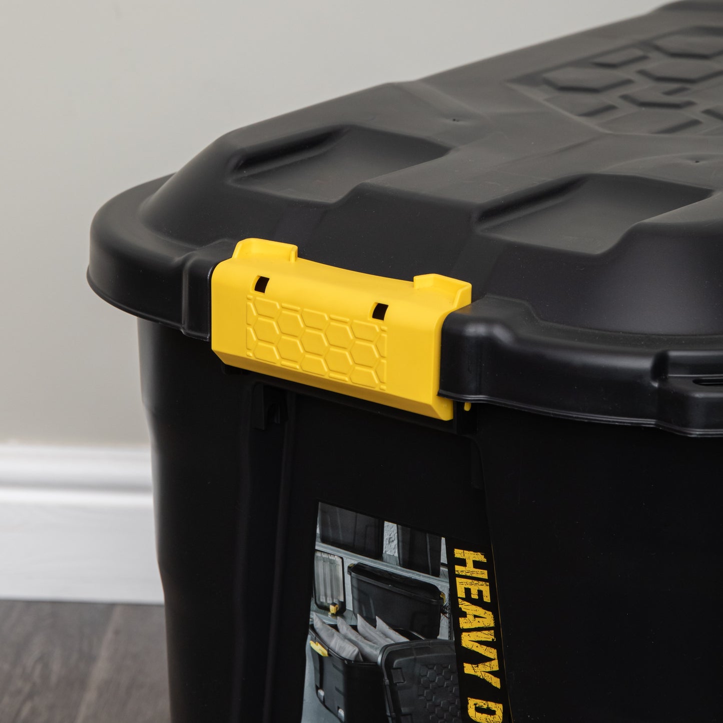 110L Heavy Duty Lockable, Stackable Storage Chest Trunk on Wheels with Clips in Black