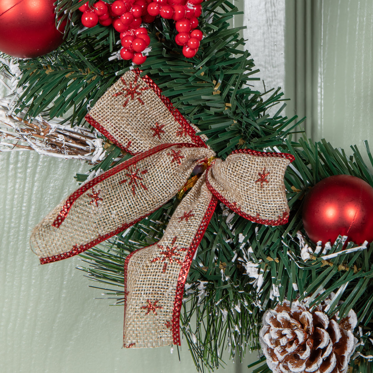 40cm Christmas Wreath with Snow Tipped Branches, Red Berries, Baubles and Bows
