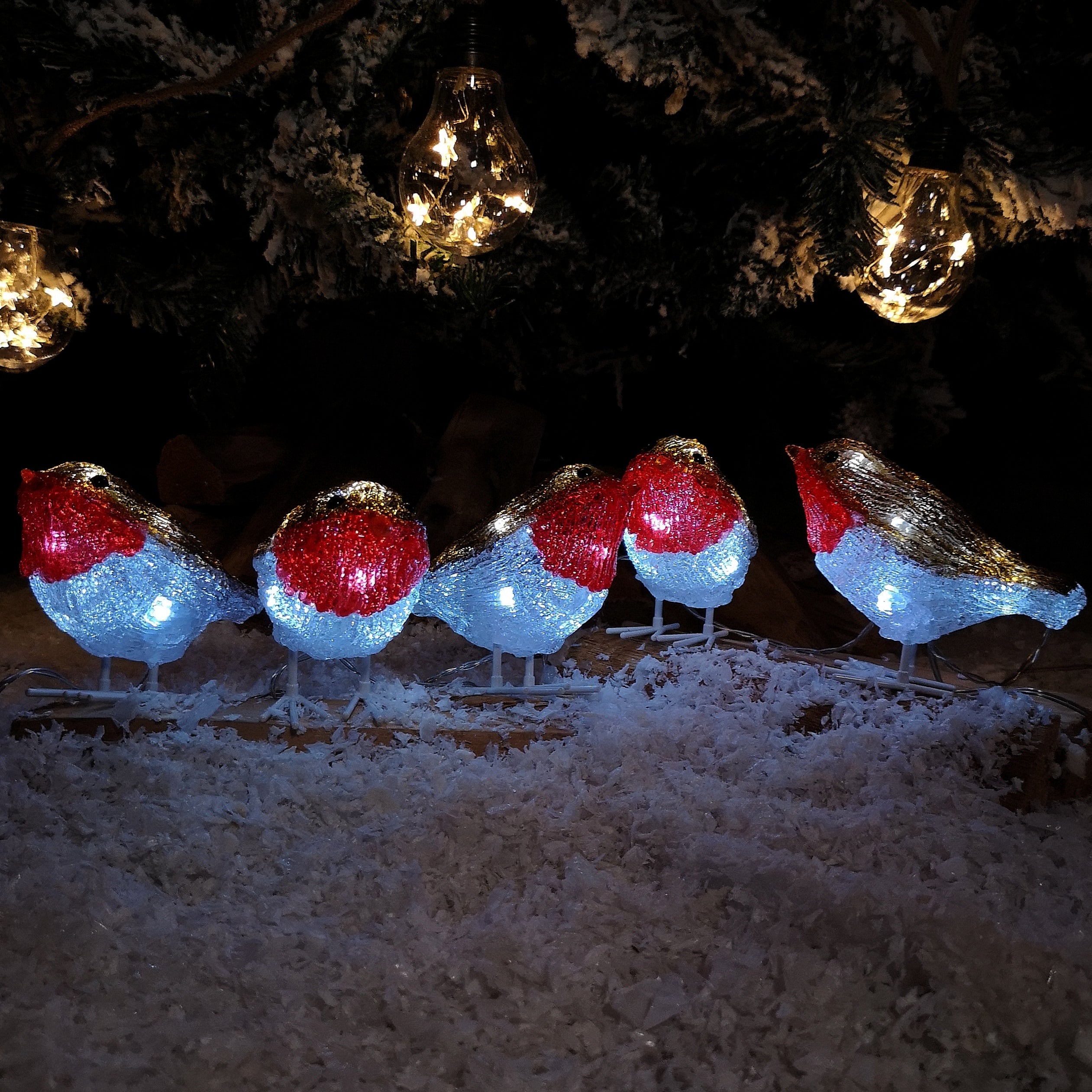 Set of 5 Christmas Acrylic Festive Light Up Robins 10cm Tall Indoor or Outdoor use