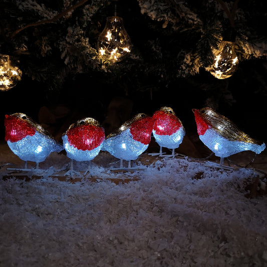 Set of 5 Christmas Acrylic Festive Light Up Robins 10cm Tall Indoor or Outdoor use
