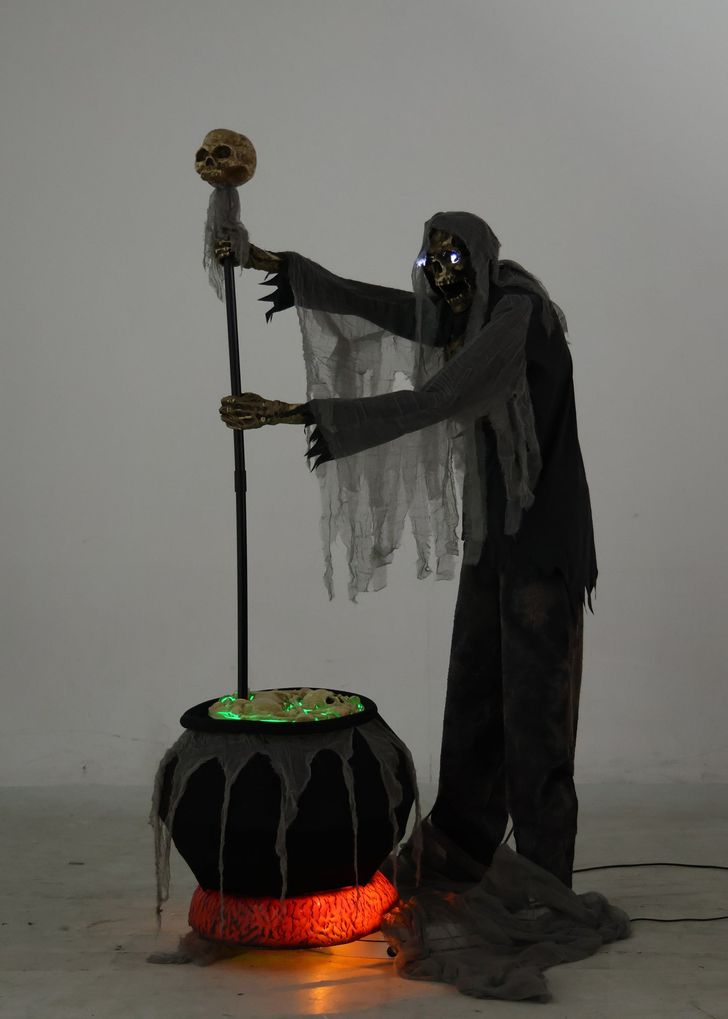 6ft Tall Animated Stirring Cauldron Creep Skeleton Halloween Decoration with LED Eyes