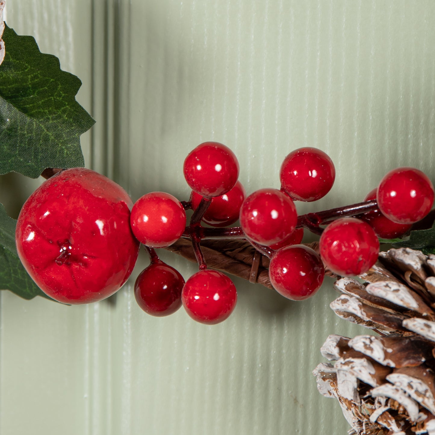 45cm Hanging Christmas Wreath with Red Berries and Frosted Pinecones