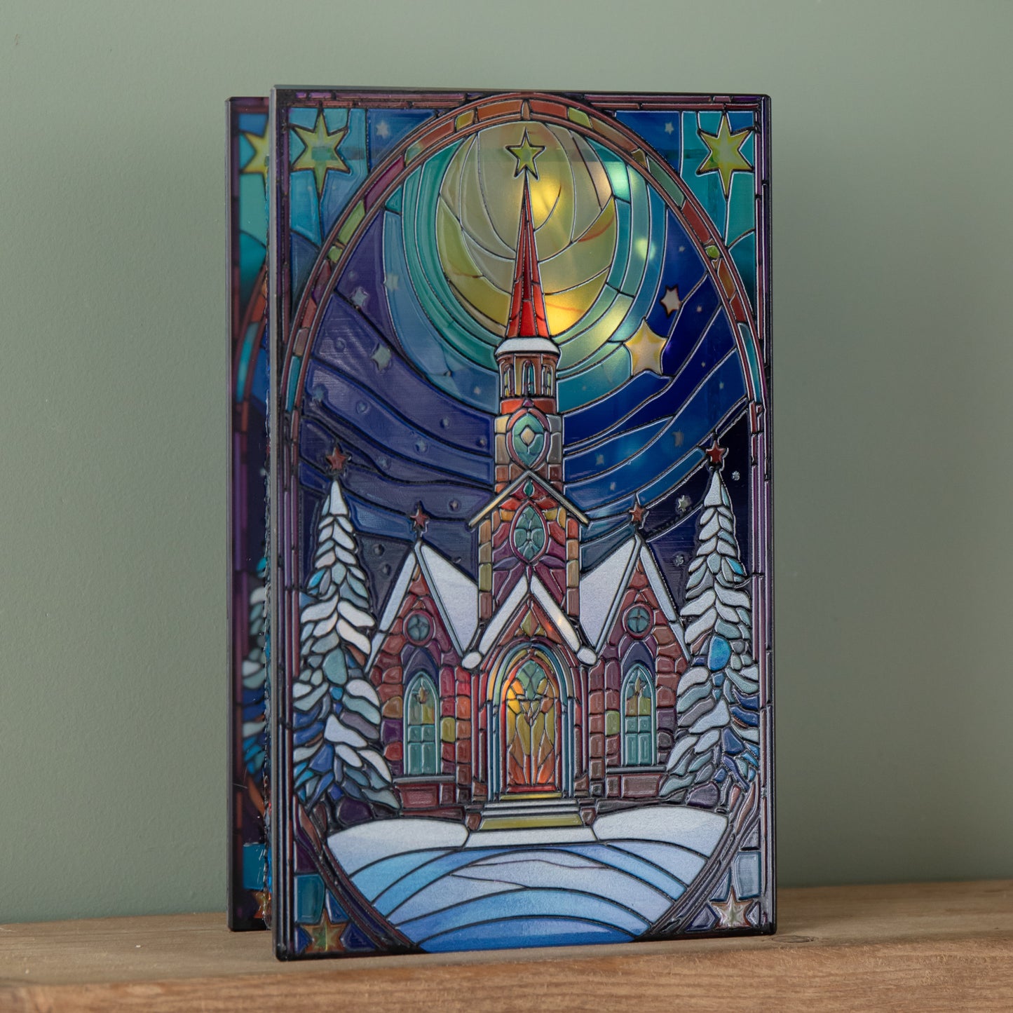 21cm Battery Operated Light up Stained Glass Christmas Decoration with Church Scene & Warm White LEDs