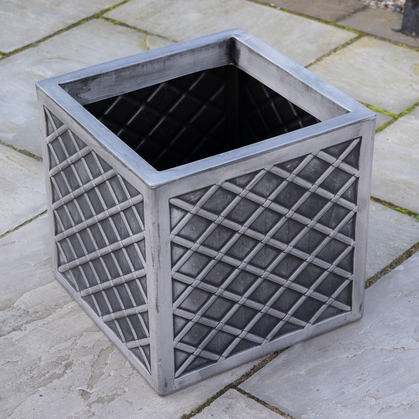 39cm Large Square Plastic Pewter Effect Grey Garden Patio Planter