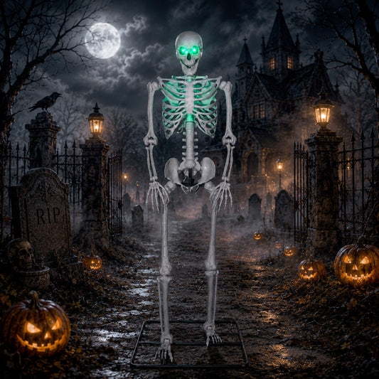 10ft (3m) Posable Full Body Skeleton Halloween Decoration with Movable Arms and LED Eyes