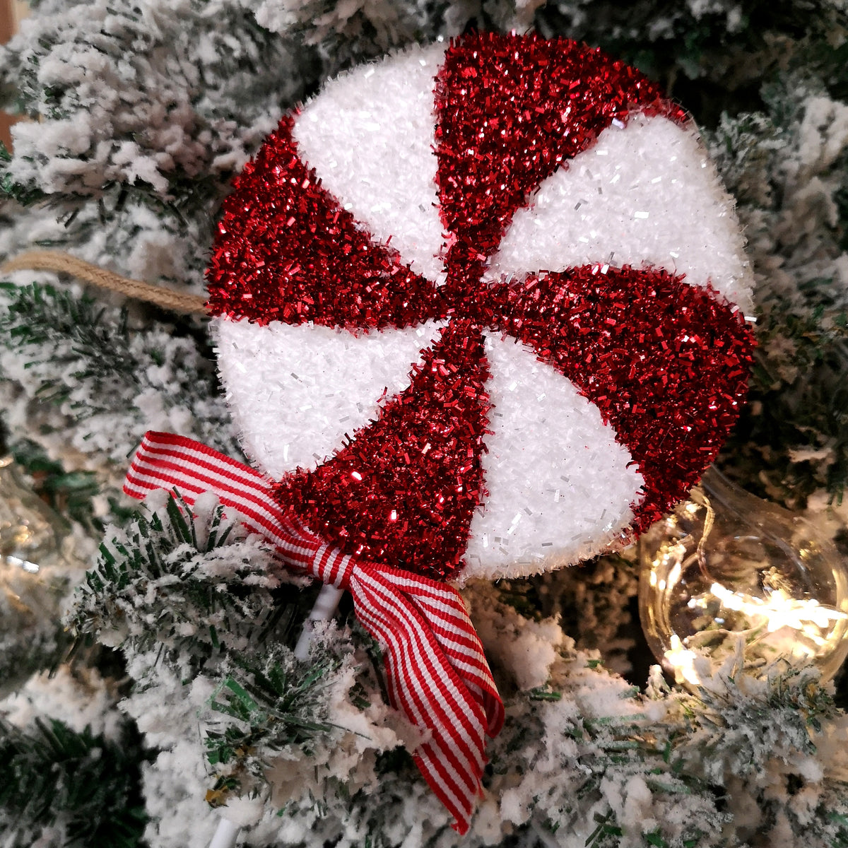 33cm Red and White Swirl Glitter Candy Cane Lollipop Christmas Decoration with Stem