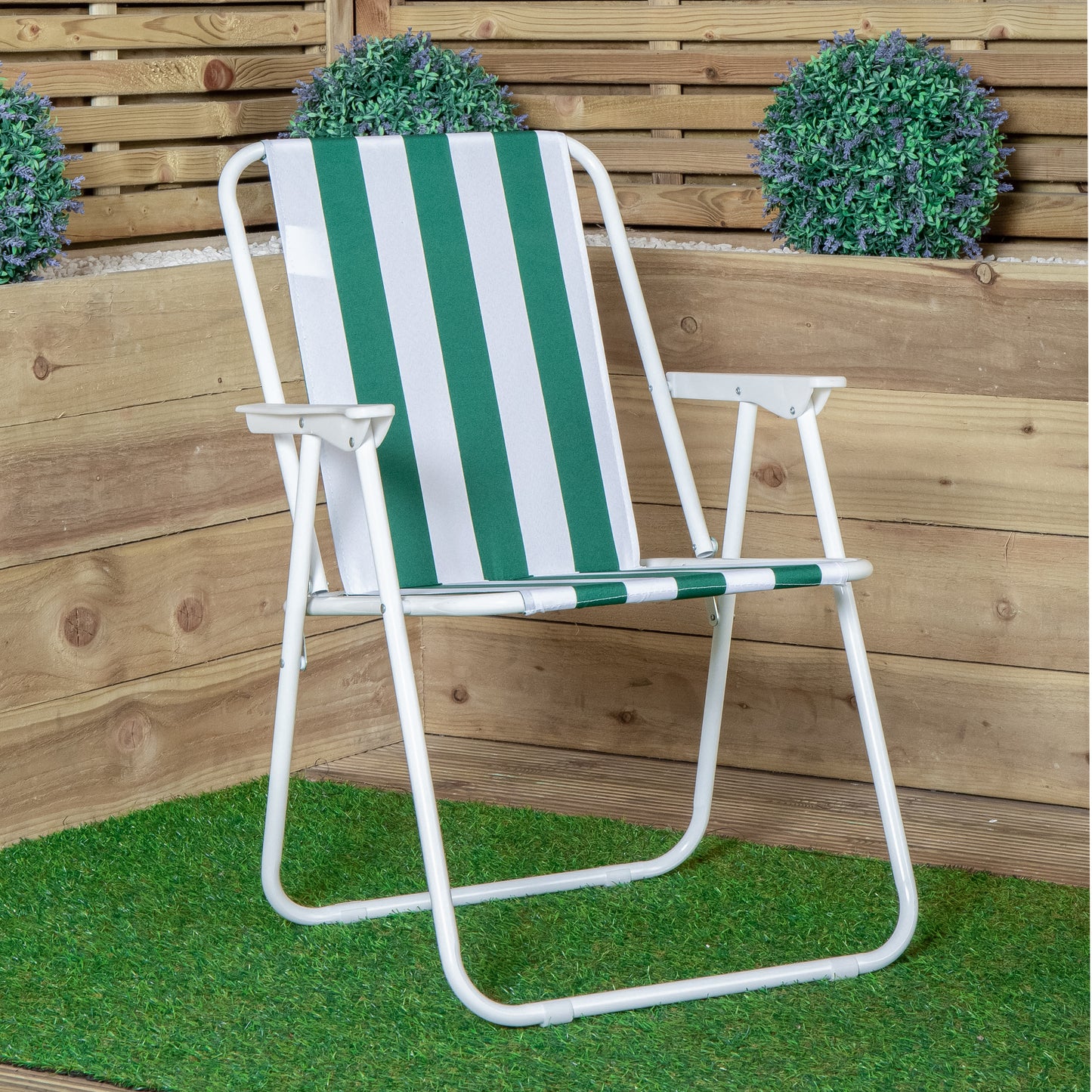 2 Pack of Outdoor Green and White Stripe Camping Chairs with Armrests