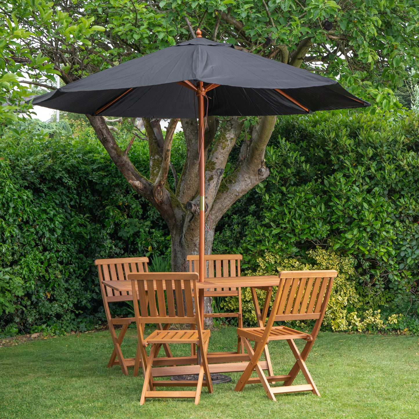 Outdoor 4 Person Folding Rectangular Wooden Garden Dining Table Chairs Black Parasol and Base Set