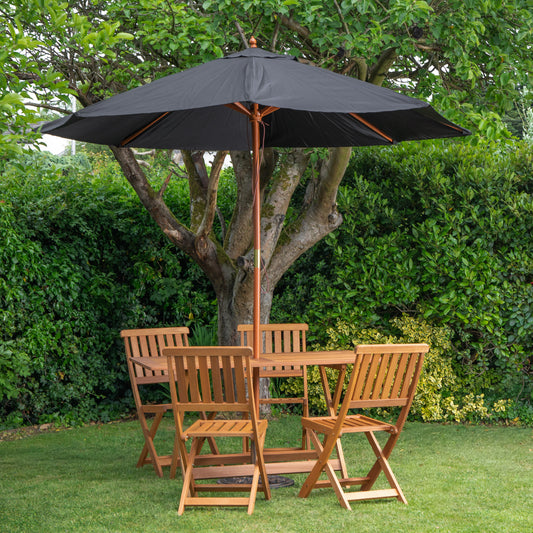 Outdoor 4 Person Folding Rectangular Wooden Garden Dining Table Chairs Black Parasol and Base Set