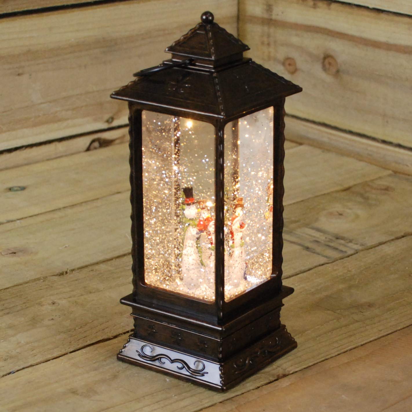 27cm Dual Power LED Christmas Glitter Water Spinner Rustic Lantern Snowman Scene