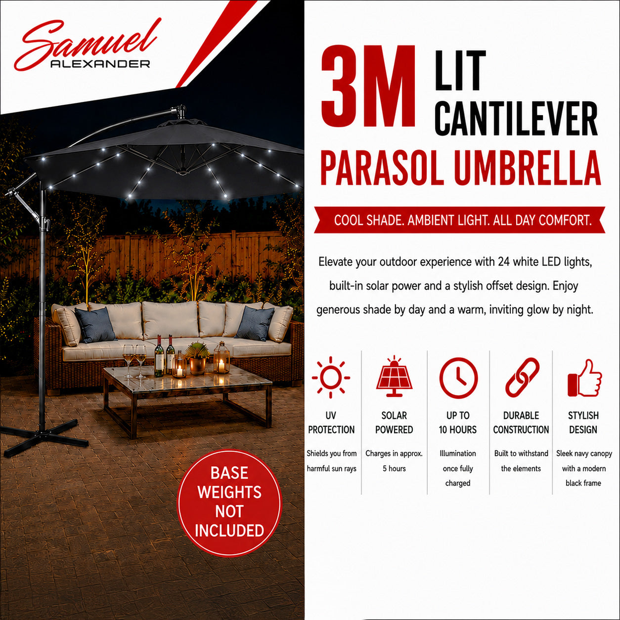 Samuel Alexander 3m Solar Powered Cantilever Lit Banana Garden Parasol with Crank Handle & White LED Lights in Black