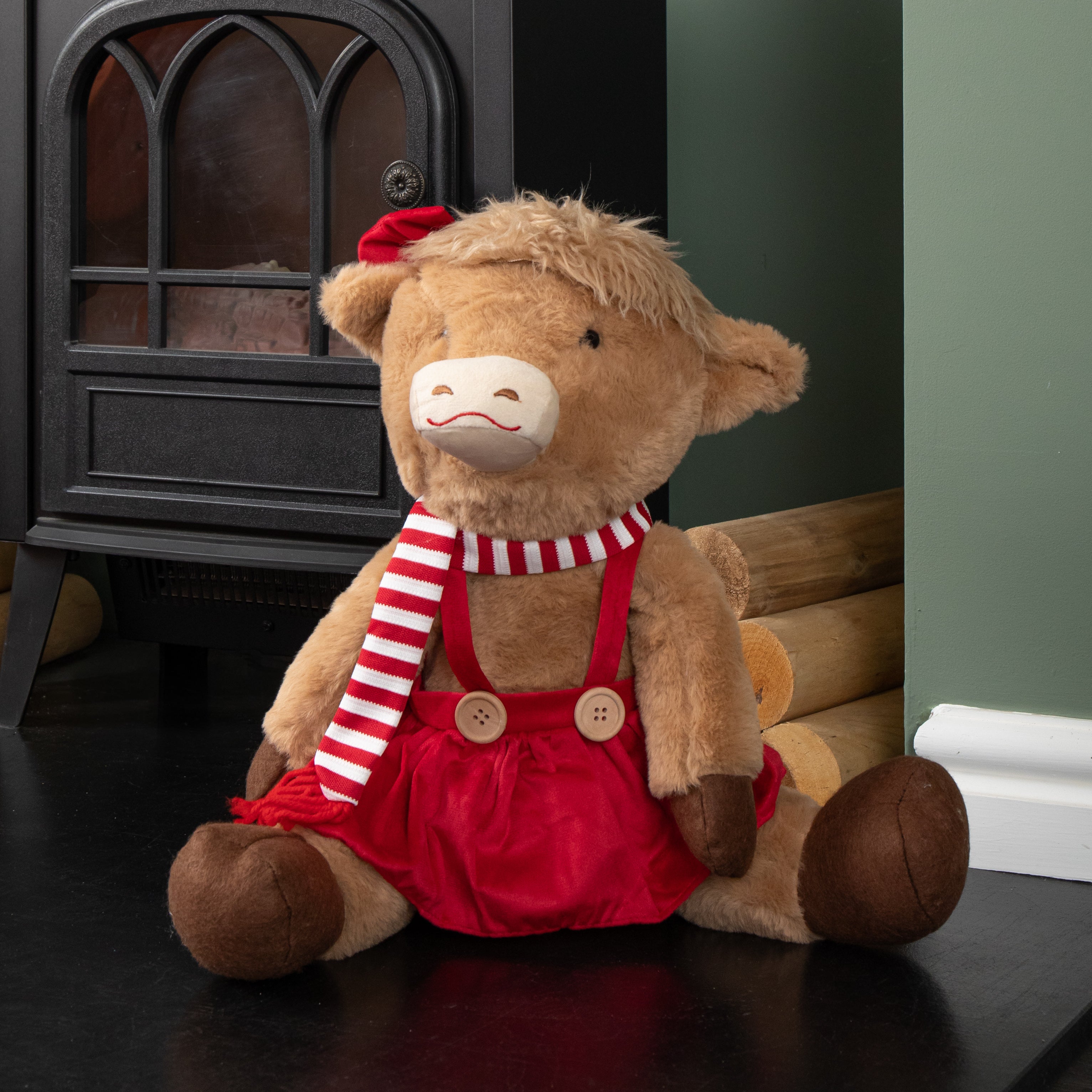 36cm Tall Plush Sitting Christmas Highland Girl Cow in Red Dress
