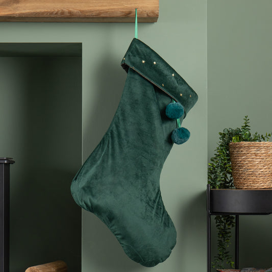 70cm Hanging Dark Green Velour Star Print Christmas Stocking with Pom Poms