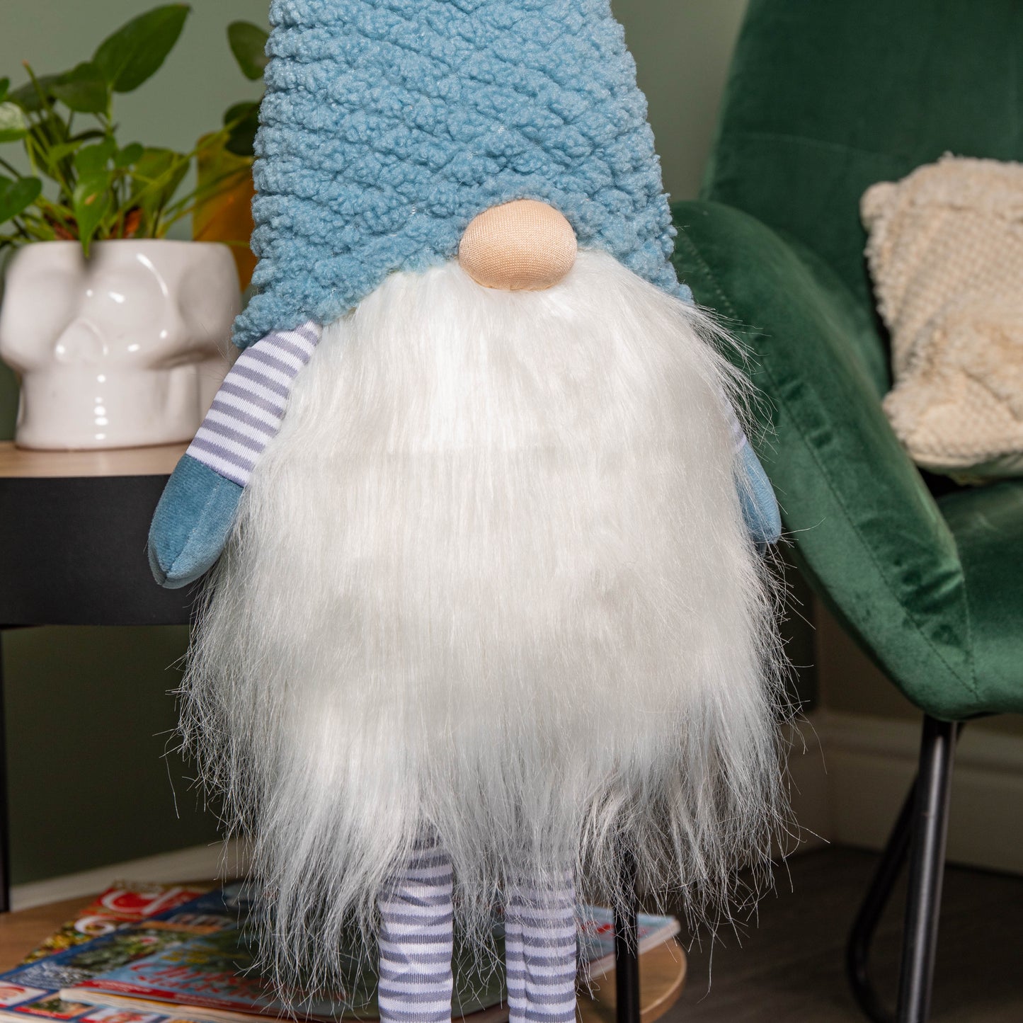 89cm Blue Standing Christmas Gonk Decoration with Extendable Legs and Knitted Hat