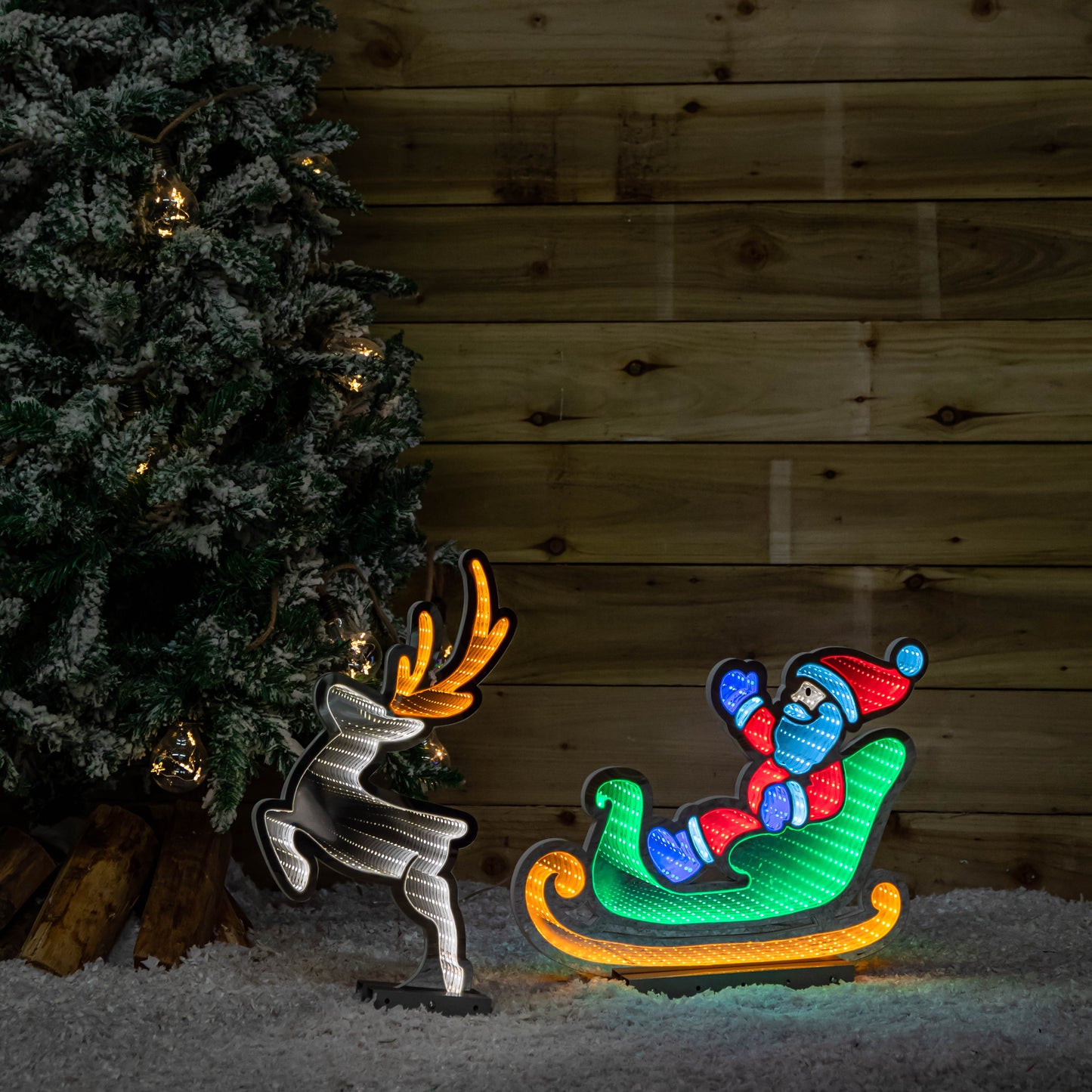 75cm Infinity Santa in Sleigh with Reindeer on Metal Base and Multi-Coloured LEDs