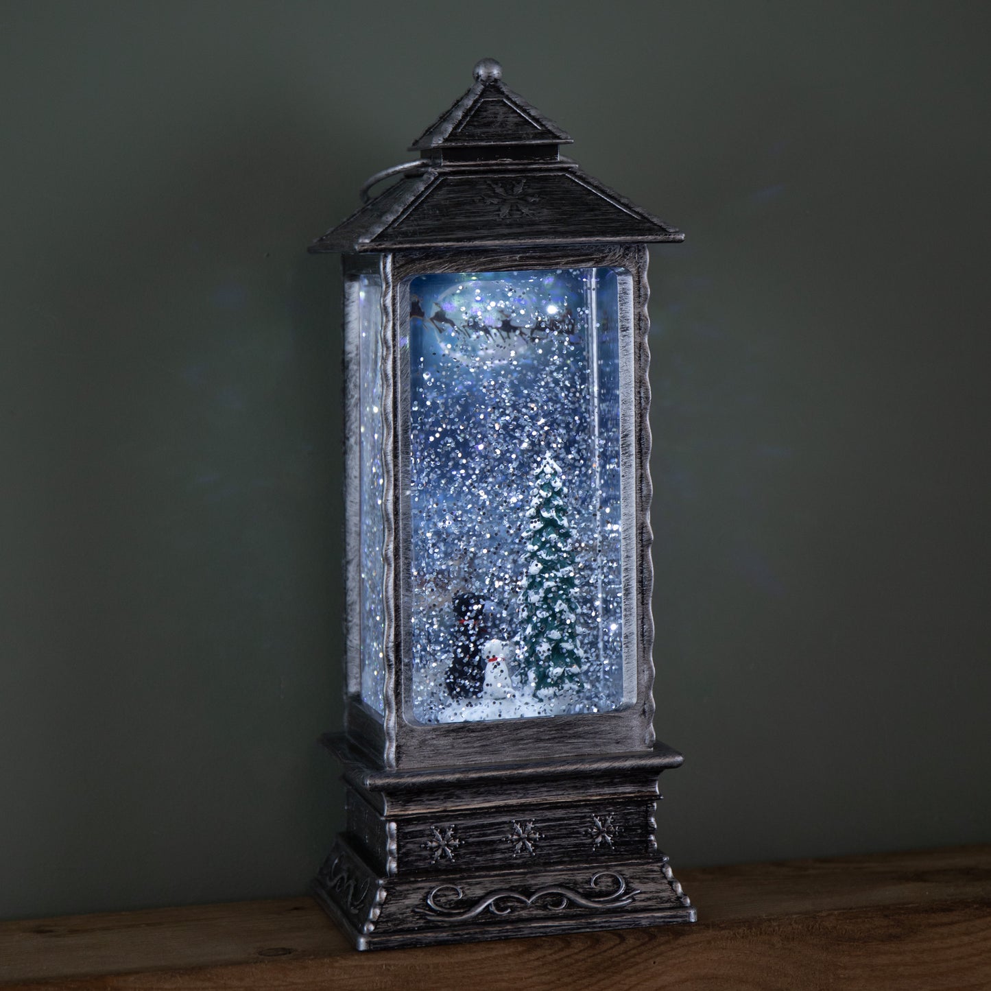 27cm Dual Powered Light up Antique Silver Christmas Water Spinner with Dogs & Flying Sleigh Scene 