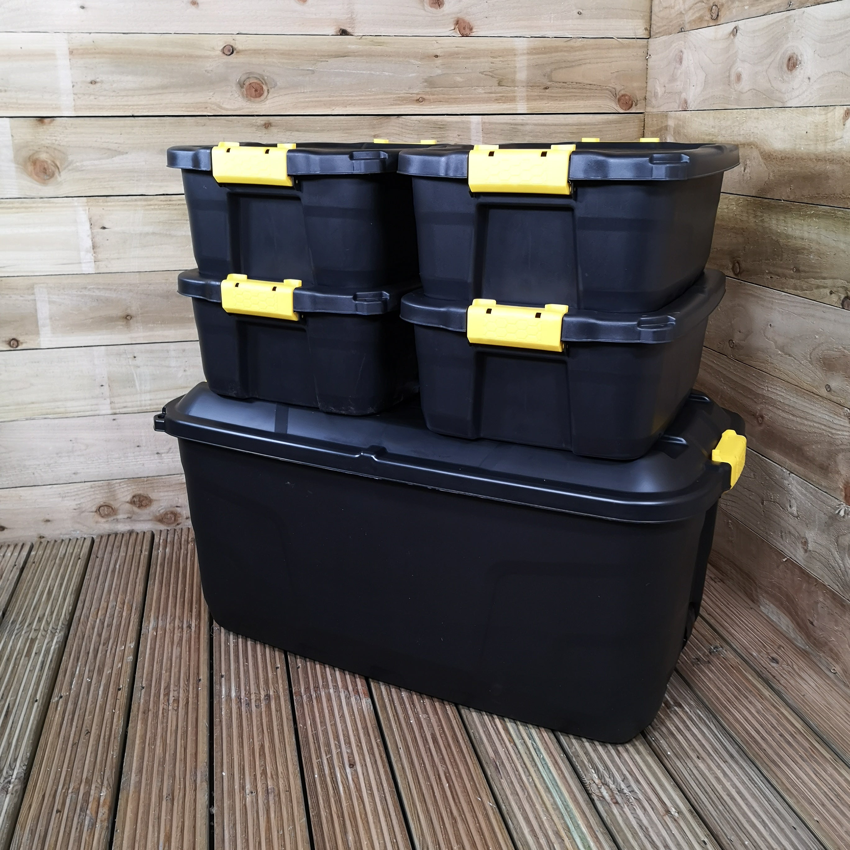 1 x 145L AND 4 x 24L Heavy Duty Trunks 1 on Wheels Sturdy, Lockable, Stackable and Nestable Design Storage Chest with Clips in Black