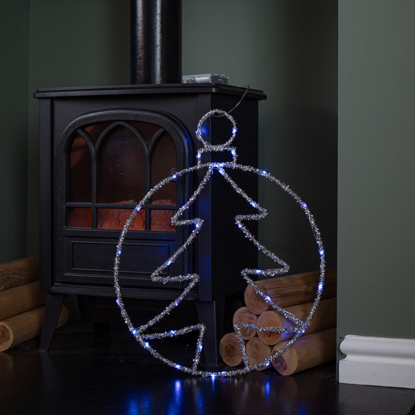 49cm Battery Powered Light up Christmas Silver Tree Ball with Twinkling Blue LEDs